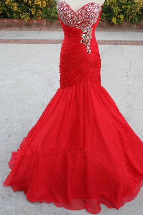 Made To Order Handmade Mermaid Red Organza Prom Dressess 2015, Red Prom Gown, Formal Dresses, Evening Dresses