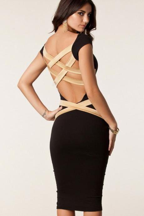 fashion Sexy Cross Back Design Black Mid Length Dress