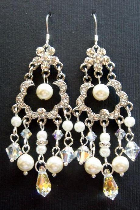 Alexisez Vintage Style Chandelier Pearl and Crystal Bridal 925 Earrings