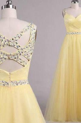Custom Handmade Cross Back Prom Dresses 2016, Prom Dresses 2016,Yellow Prom Gown, evening Dresses