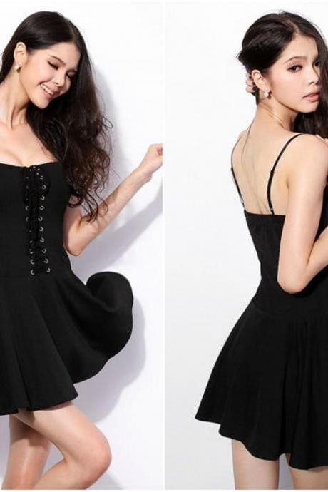 Sexy Black Lace Up Spaghetti Strap Mini Dress