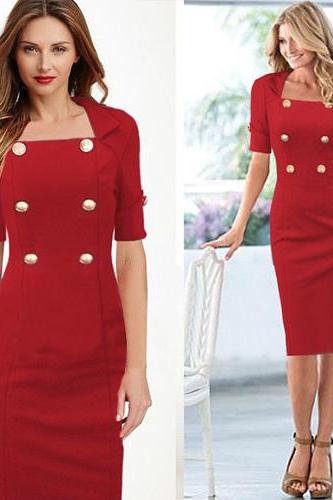 Sexy Fashion Solid Color Double-Breasted Half Sleeve Dress 