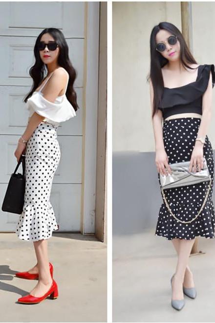 sexy Fishtail Hem Design Polka Dot Skirt Two-Pieces Suit