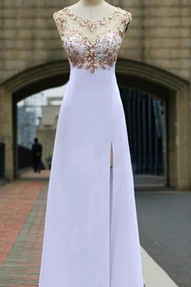 Gorgeous White Chiffon Open Back Long Prom Dress with Beadings, White Prom Dresses 2015, Chiffon Bridesmaid Dresses, Evening Dresses