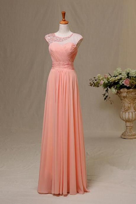 Handmade Coral Chiffon Round Neckline A line Floor Length Prom Dresses with Beadings, Coral Chiffon Prom Dresses, Prom Dresses 2015, Evening Gown