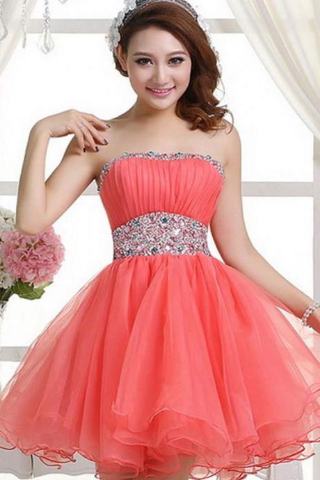 Cute Handmade Coral/watermelon Ball Gown Short Prom Dresses 2016, Homecoming Dresses, High Quality Graduation Dresses