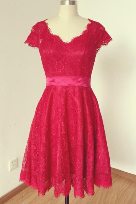 Handmade 2015 Cap Sleeve V-neck Red Lace With Sheer Tulle Back Short Prom Dress, Homecoming Dress, Graduation Dress