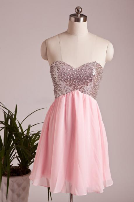 Pink Chiffon Beaded Sweetheart Cocktail Party Dress With Cut Out Back