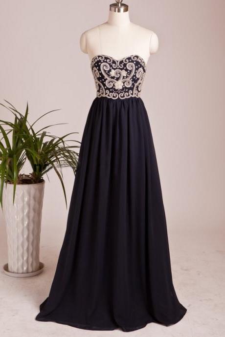 2015 Navy Blue Chiffon Sweetheart Formal Evening Gown With Beading