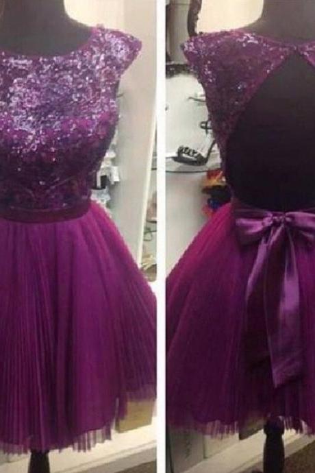 2015 Plum Tulle Beaded Cocktail Dress With Open Back 