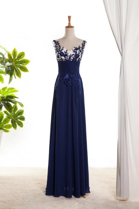Royal Blue Chiffon illusion Evening Gown Embellished With Embroidery