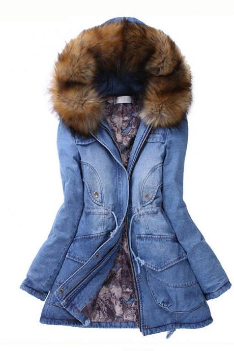 Stylish Hooded Long Sleeve Spliced Pocket Design Denim Coat For Women