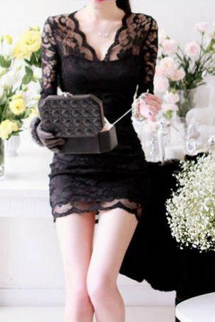Sexy V Neck Black Lace Dress
