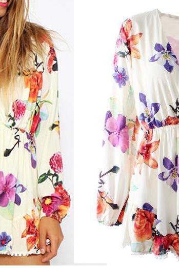 Sexy Gorgeous Floral Printed Long Sleeve Jumpsuit