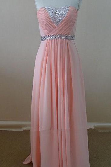 Delicate Sweetheart Pink Chiffon Long Prom Dresses 2015 With Beadings, Bridesmaid Dresses, Formal Dresses, Evening Dresses