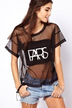 Sexy O Neck Letters Print Short Sleeves Transparent Black Rayon T-shirt