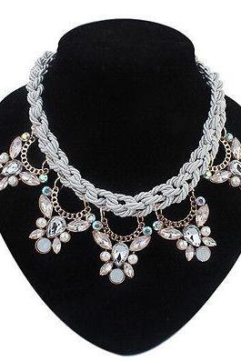 Crystal Drop Pendant on Weave Rope Statement Choker Necklace