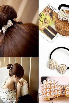 Sweet Butterfly Ponytail Holder Band Cute Women Girls Bowknot Pearl Hair Rope