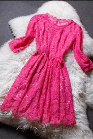 Lace stitching round neck long-sleeved dress ER30409PO