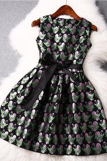 Swan Embroidery Jacquard Sleeveless Dress Er30413po
