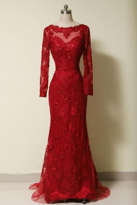 Red Lace Long Sleeves Sheath Evening Gown With Sweep Train