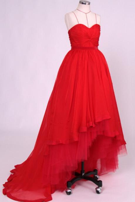 Red Tulle Strapless Formal Prom Gown With Draped Bodice