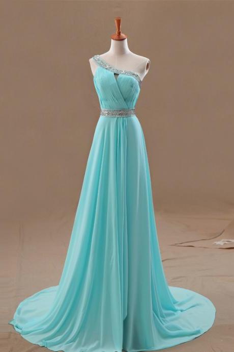 Ice Blue One-shoulder Ruched Beaded Chiffon A-line Long Prom Dress, Evening Dress, Bridesmaid Dress
