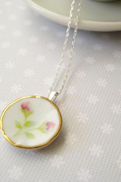 Sterling silver necklace with miniature doll's porcelain plate - Time for tea