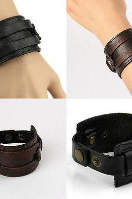 Brown/Black Adjustable Men's Punk Leather Wristband Cuff Bangle Bracelet New 1PC