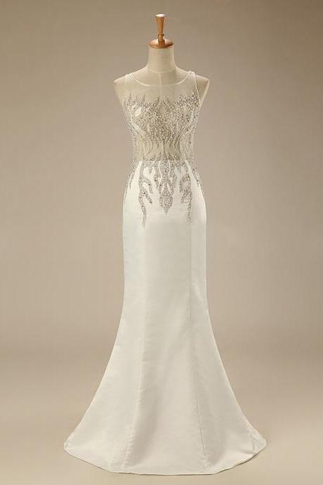 White Fit And Flare Beaded Evening Gown With Sheer Back