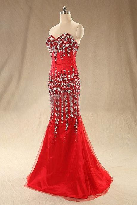 Red Sweetheart Mermaid Evening Gown With Crystals