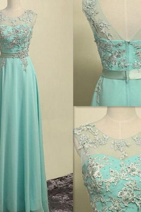 Mint Green Chiffon Long Prom Dress With Lace Appliques