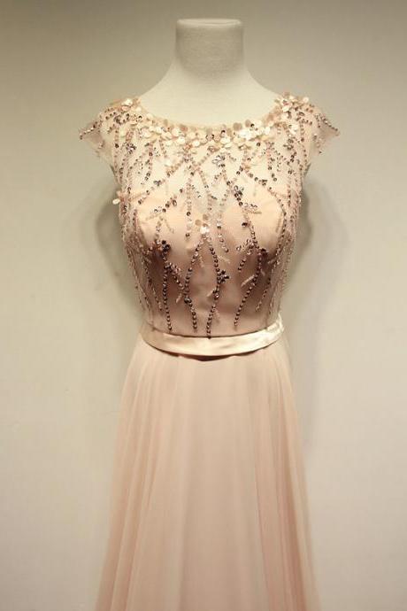 2015 Chiffon Beaded Cap Sleeves Formal Prom Gown