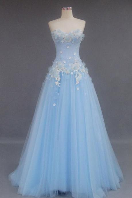 Designer Light Blue Strapless A Line Prom Gown