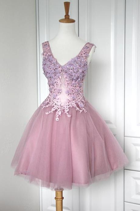 Sleeveless Floral Lace Appliqué Rose Pink Short Tulle Dress Featuring Plunge V Neckline And Lace-up Back