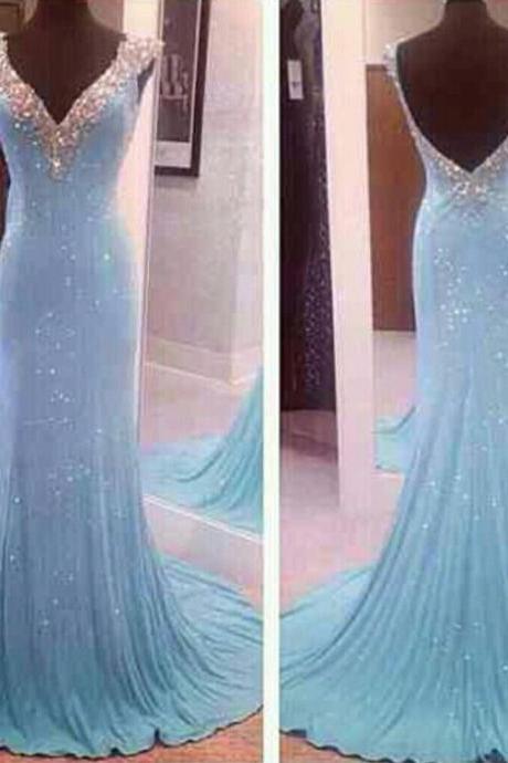 2015 Sky Blue Jersey Cap Sleeves Evening Gown With V Back