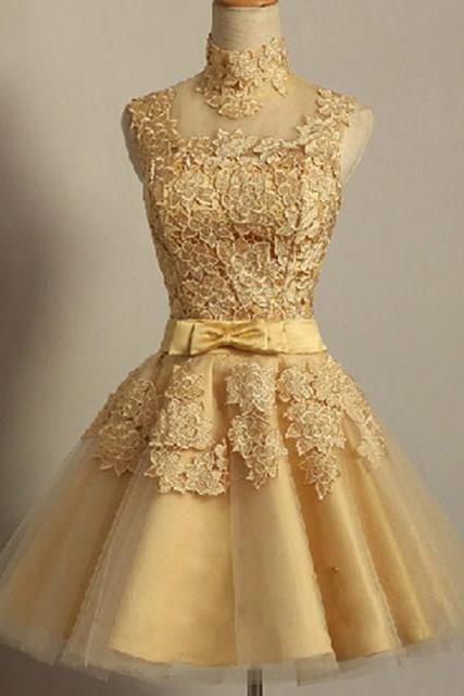 Gold Lace High Neck Cocktail Dress With Sheer Back