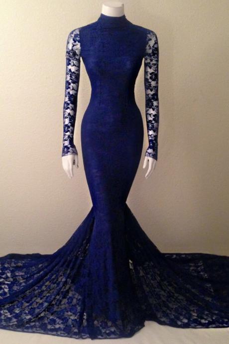 Navy Blue Lace High Neck Mermaid Evening Gown With Long Sleeves