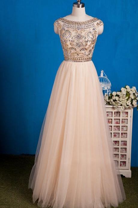 Champagne Tulle Beaded Cap Sleeves Prom Gown