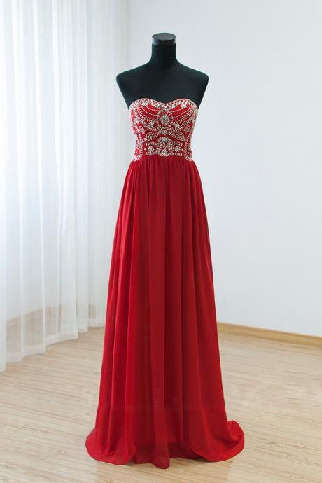 2015 Red Chiffon Beaded Strapless Floor Length Prom Dress