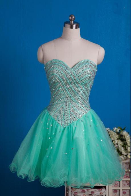 Mint Green Tulle Beaded Sweetheart Cocktail Dress With Lace Up
