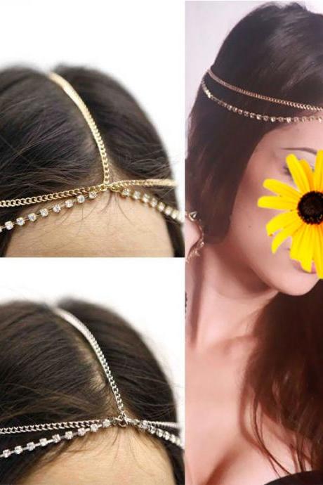 Fashion Womens Rhinestone Metal Head Chain Headband Headpiece Hair Band Jewelry