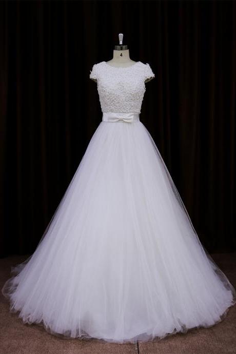White Tulle A Line Beaded Cap Sleeves Wedding Dress With Low Back