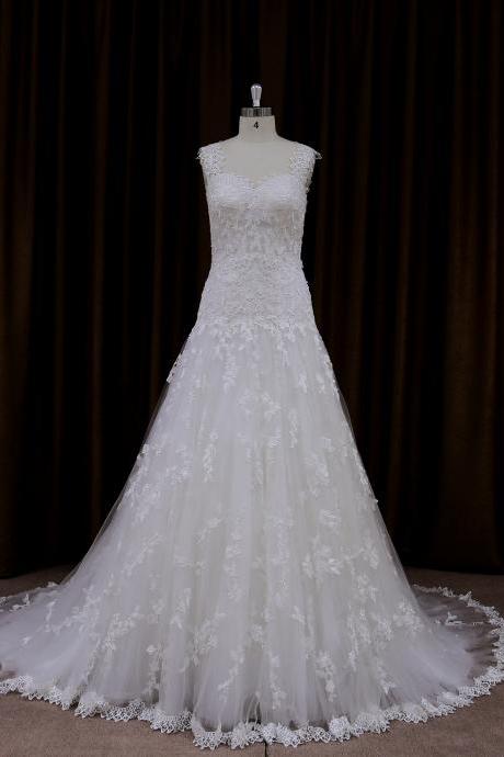 All Over Lace A Line Chapel Train Wedding Dress With V Back