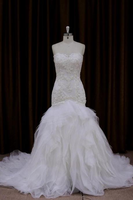 Dream Strapless Beaded Mermaid Wedding Dress With Ruffled Skirt And Lace Appliques