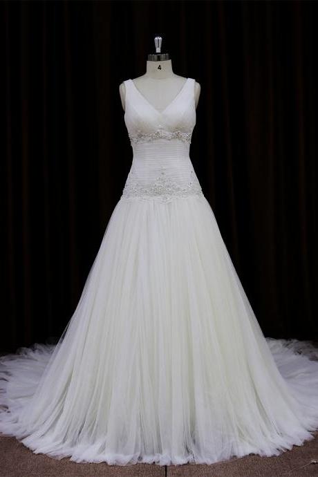 Tulle V Neck A Line Chapel Train Wedding Dress With Low Back