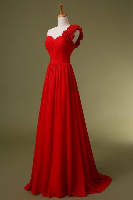 Custom Made Red Ruffled One Shoulder Asymmetrical Chiffon Long Evening Dress, Prom Dress, Wedding Dress, Bridesmaid Dresses
