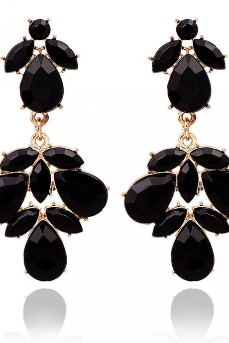 Charms Black Teardrop Gemstone Crystal Dangle Gold Tone Stud Earring Party Hot