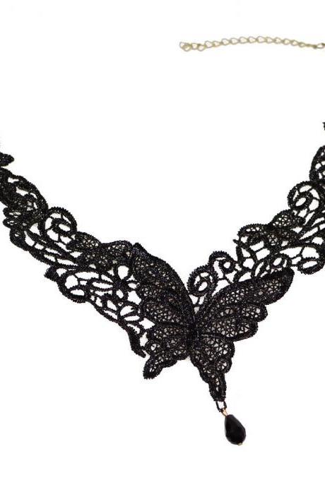 Gothic Black Cameo Lace Butterfly Chain Lolita Pendant Beads Necklace