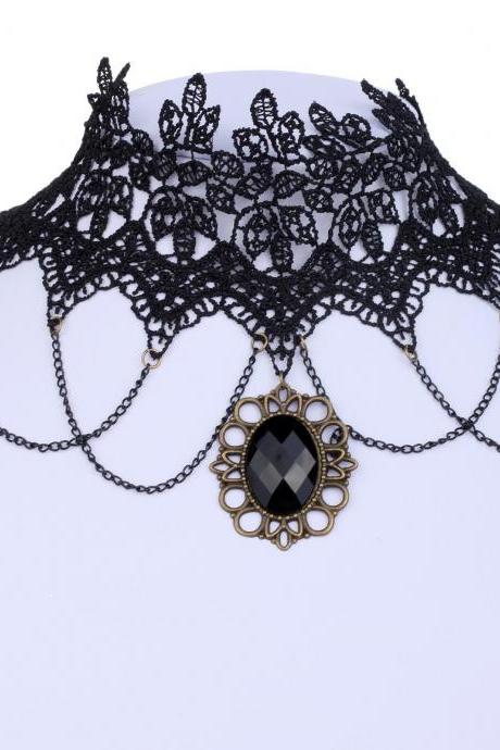 Retro Lace Gemstone Gothic Collar Choker Necklace Pendant Steampunk